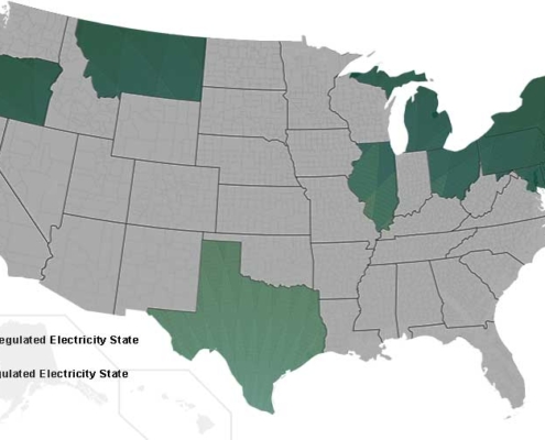 US Map of Deregulated vs Regulated Electricity States