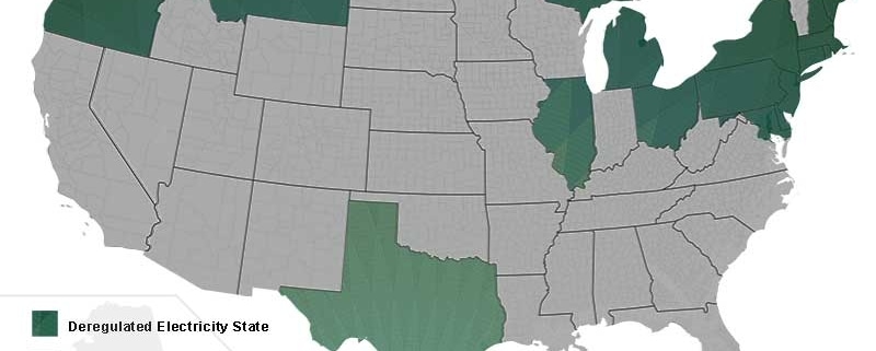 US Map of Deregulated vs Regulated Electricity States