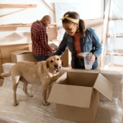 couple with moving boxes and their puppy