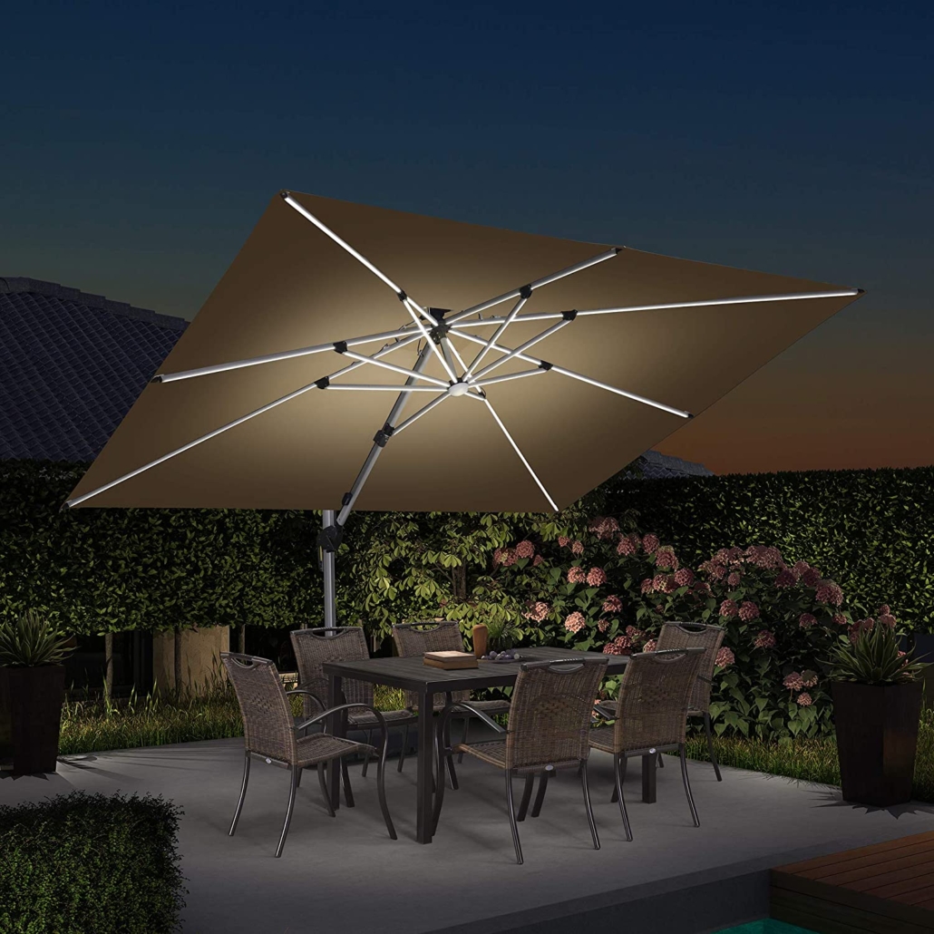 9’ x 12’ patio umbrella has built-in solar panels and LED lights